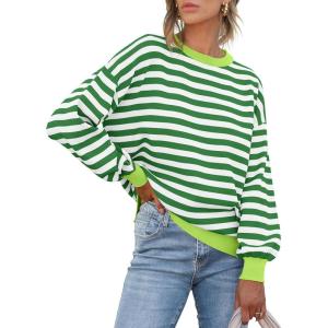 imageANRABESS Womens Oversized Striped Sweaters Long Sleeve Crewneck Casual Side Slit Pullover Shirts 2025 Fall Trendy TopsGreen White