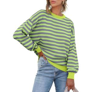 imageANRABESS Womens Oversized Striped Sweaters Long Sleeve Crewneck Casual Side Slit Pullover Shirts 2025 Fall Trendy TopsGrey Bright Green