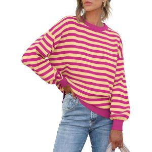 imageANRABESS Womens Oversized Striped Sweaters Long Sleeve Crewneck Casual Side Slit Pullover Shirts 2025 Fall Trendy TopsHot Pink Yellow