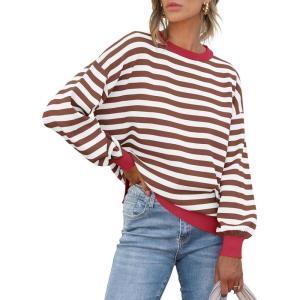 imageANRABESS Womens Oversized Striped Sweaters Long Sleeve Crewneck Casual Side Slit Pullover Shirts 2025 Fall Trendy TopsRed White