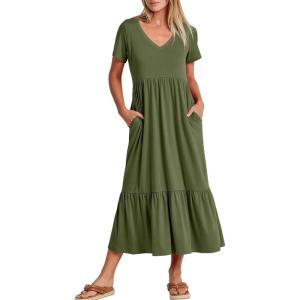 imageANRABESS Womens Summer Casual Short Sleeve T Shirts Maxi Dress Flowy V Neck Tiered Beach Vacation Sundress 2025 OutfitsArmy Green