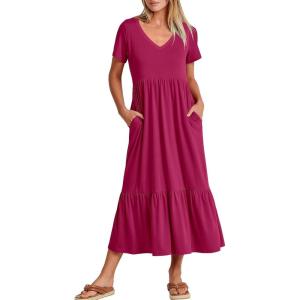 imageANRABESS Womens Summer Casual Short Sleeve T Shirts Maxi Dress Flowy V Neck Tiered Beach Vacation Sundress 2025 OutfitsRose Hot Pink