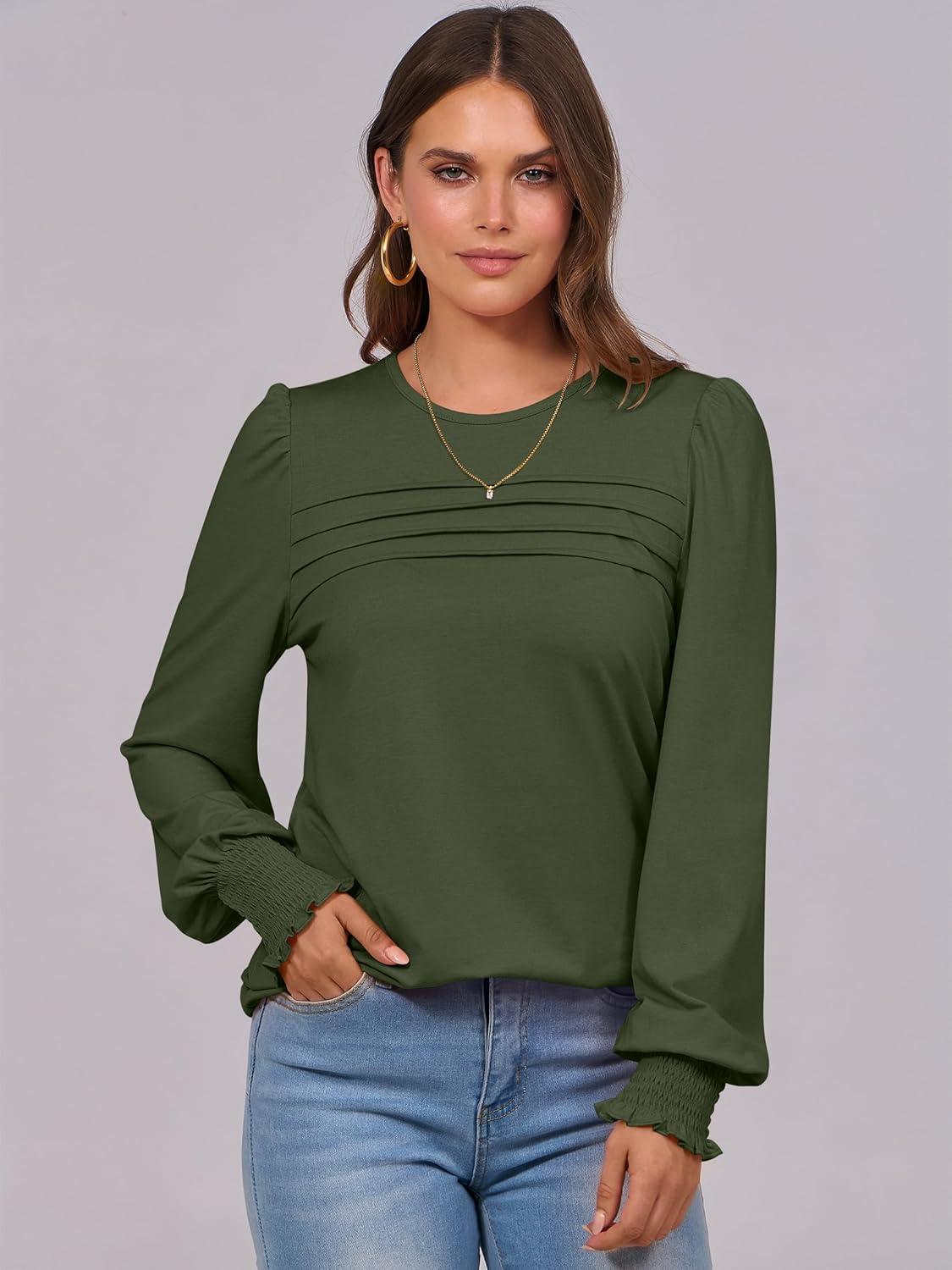 imageANRABESS Long Sleeve Shirts for Women Fall Fashion 2025 Dressy Casual Blouses Trendy Pleated Tunic Tops OutfitsArmy Green
