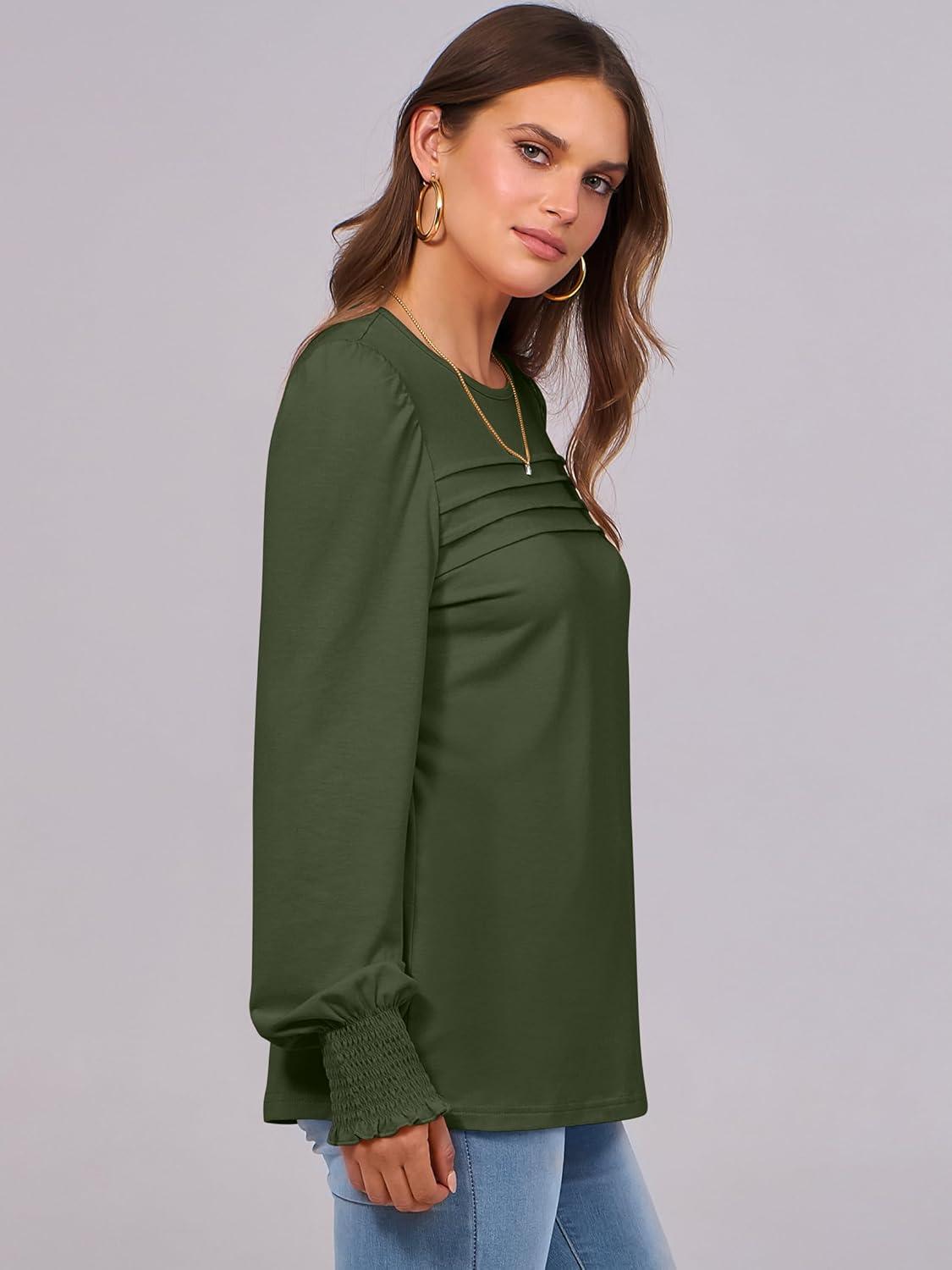 imageANRABESS Long Sleeve Shirts for Women Fall Fashion 2025 Dressy Casual Blouses Trendy Pleated Tunic Tops OutfitsArmy Green