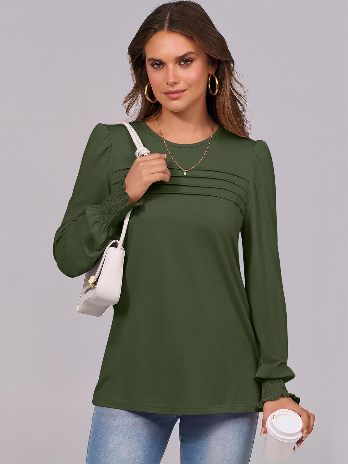 imageANRABESS Long Sleeve Shirts for Women Fall Fashion 2025 Dressy Casual Blouses Trendy Pleated Tunic Tops OutfitsArmy Green
