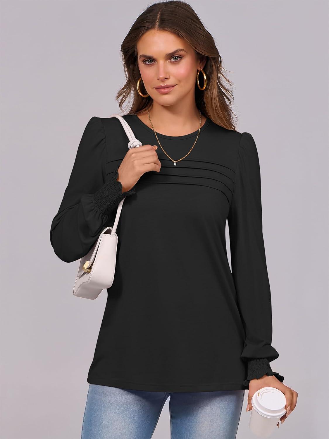 imageANRABESS Long Sleeve Shirts for Women Fall Fashion 2025 Dressy Casual Blouses Trendy Pleated Tunic Tops OutfitsBlack