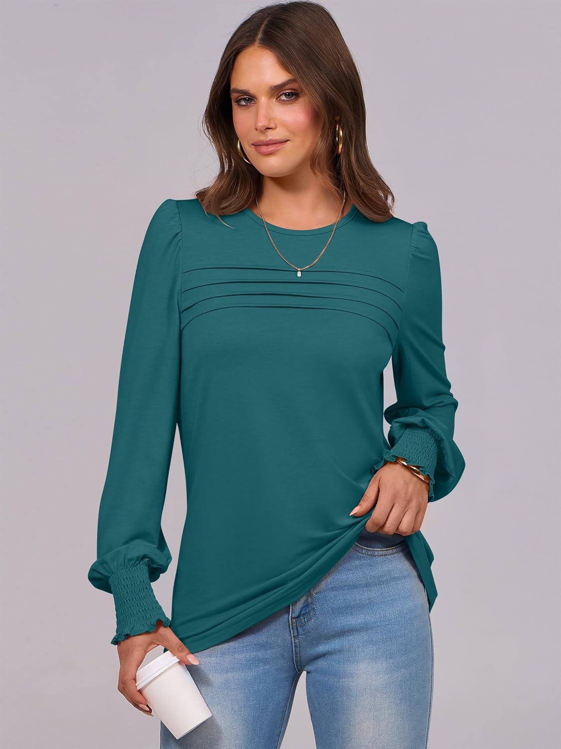imageANRABESS Long Sleeve Shirts for Women Fall Fashion 2025 Dressy Casual Blouses Trendy Pleated Tunic Tops OutfitsBlue Green