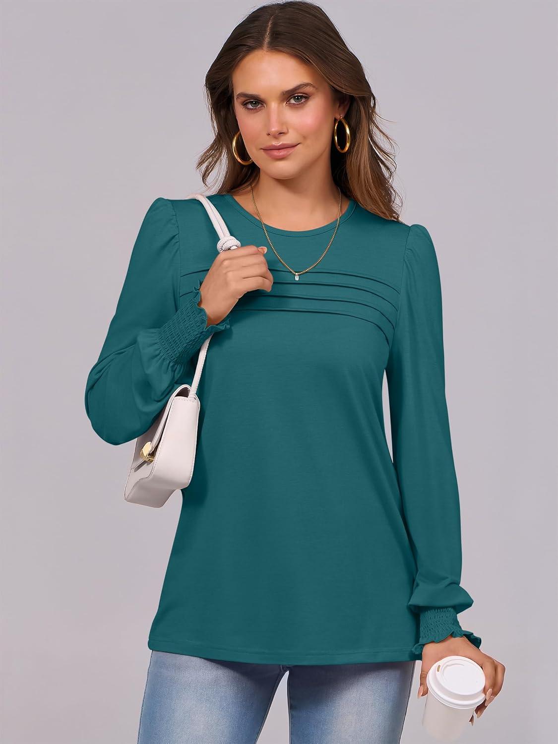 imageANRABESS Long Sleeve Shirts for Women Fall Fashion 2025 Dressy Casual Blouses Trendy Pleated Tunic Tops OutfitsBlue Green