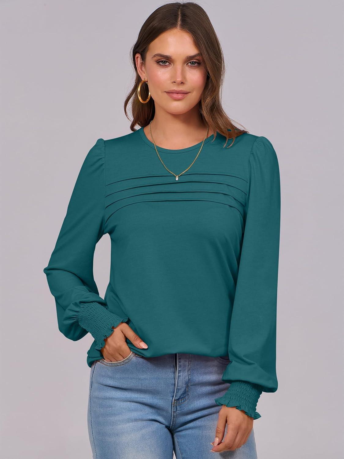 imageANRABESS Long Sleeve Shirts for Women Fall Fashion 2025 Dressy Casual Blouses Trendy Pleated Tunic Tops OutfitsBlue Green