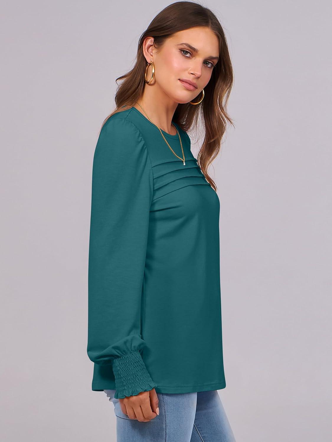 imageANRABESS Long Sleeve Shirts for Women Fall Fashion 2025 Dressy Casual Blouses Trendy Pleated Tunic Tops OutfitsBlue Green