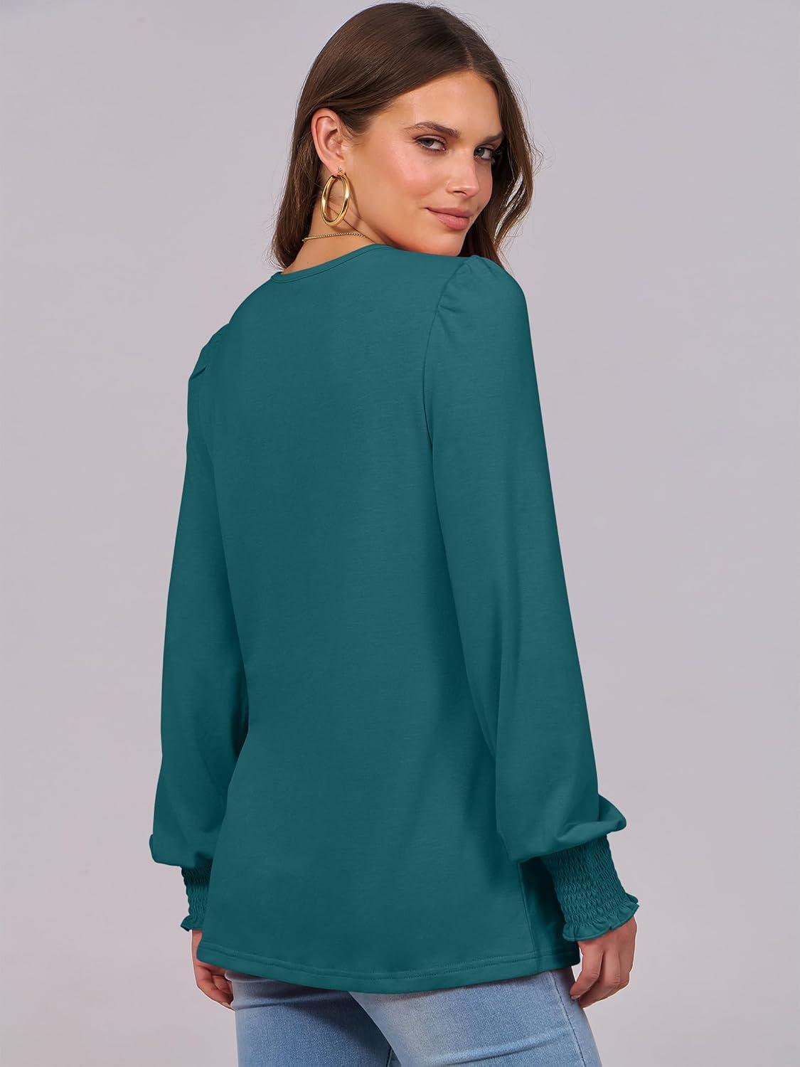 imageANRABESS Long Sleeve Shirts for Women Fall Fashion 2025 Dressy Casual Blouses Trendy Pleated Tunic Tops OutfitsBlue Green