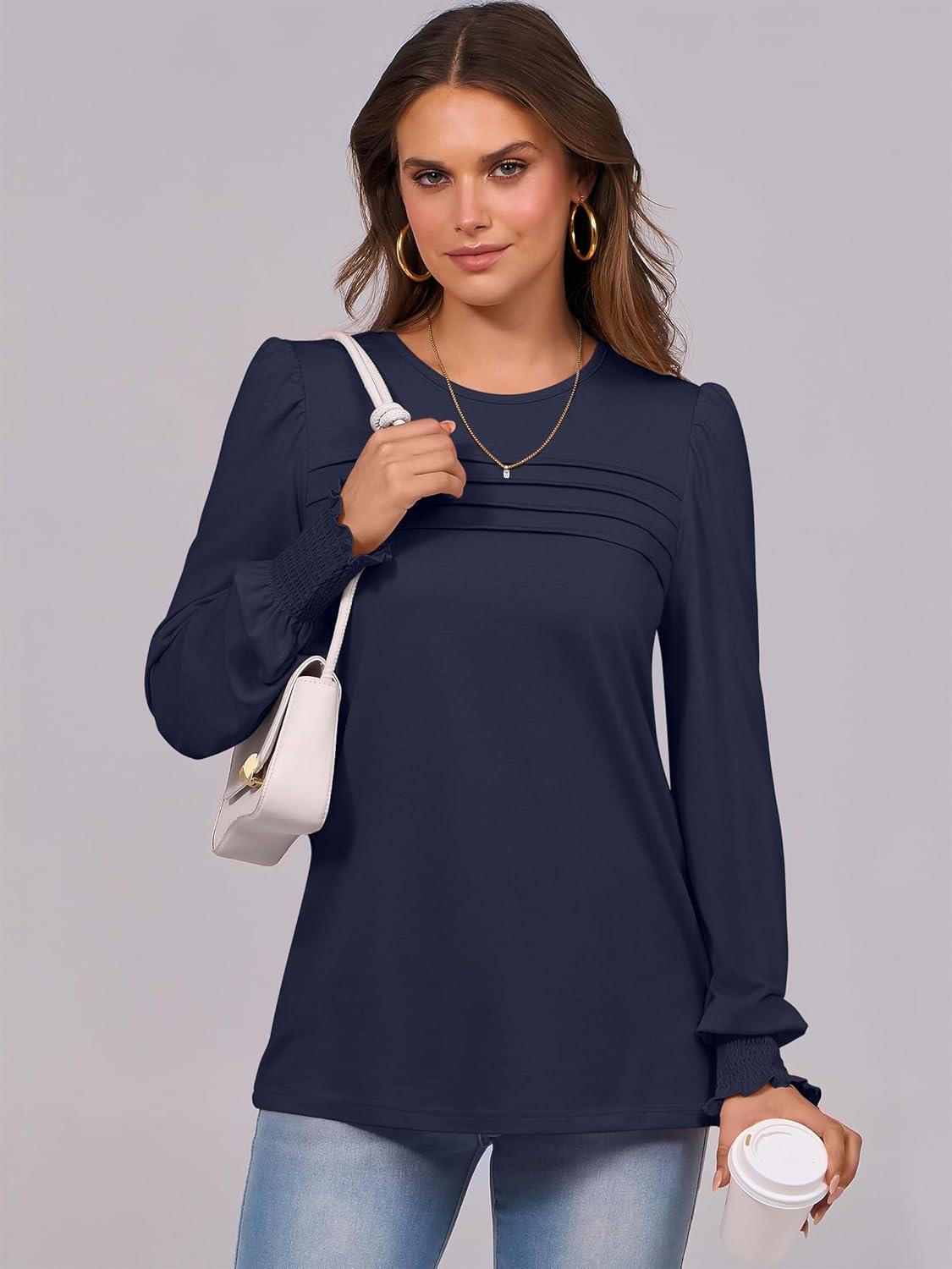 imageANRABESS Long Sleeve Shirts for Women Fall Fashion 2025 Dressy Casual Blouses Trendy Pleated Tunic Tops OutfitsDark Blue