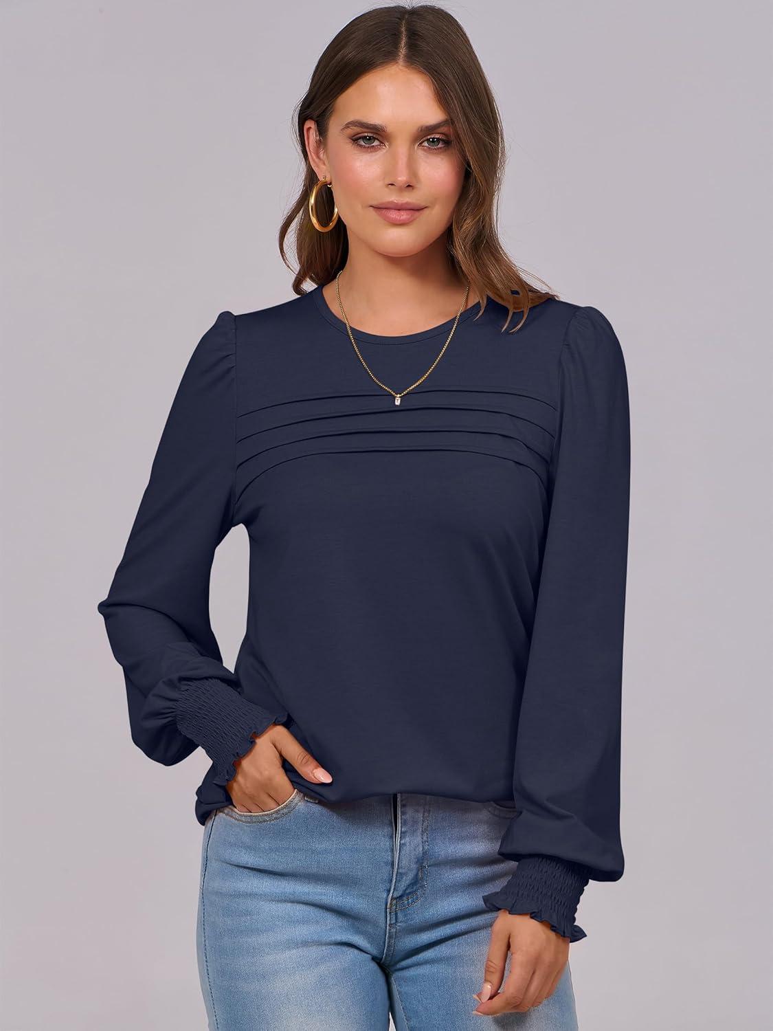 imageANRABESS Long Sleeve Shirts for Women Fall Fashion 2025 Dressy Casual Blouses Trendy Pleated Tunic Tops OutfitsDark Blue