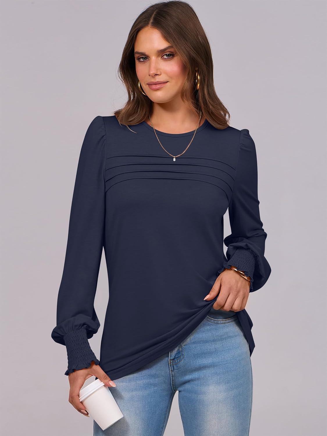 imageANRABESS Long Sleeve Shirts for Women Fall Fashion 2025 Dressy Casual Blouses Trendy Pleated Tunic Tops OutfitsDark Blue