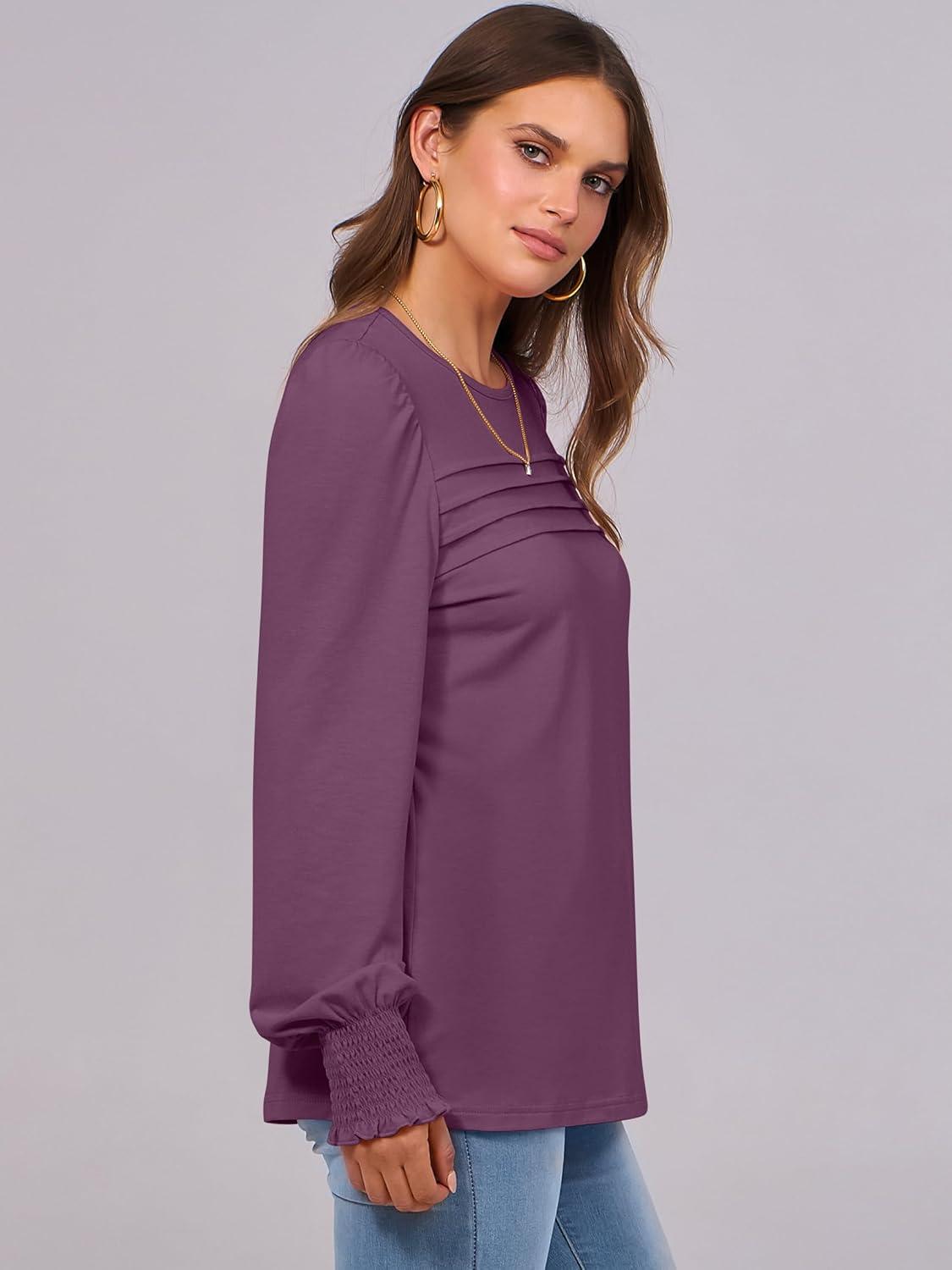 imageANRABESS Long Sleeve Shirts for Women Fall Fashion 2025 Dressy Casual Blouses Trendy Pleated Tunic Tops OutfitsFuchsia