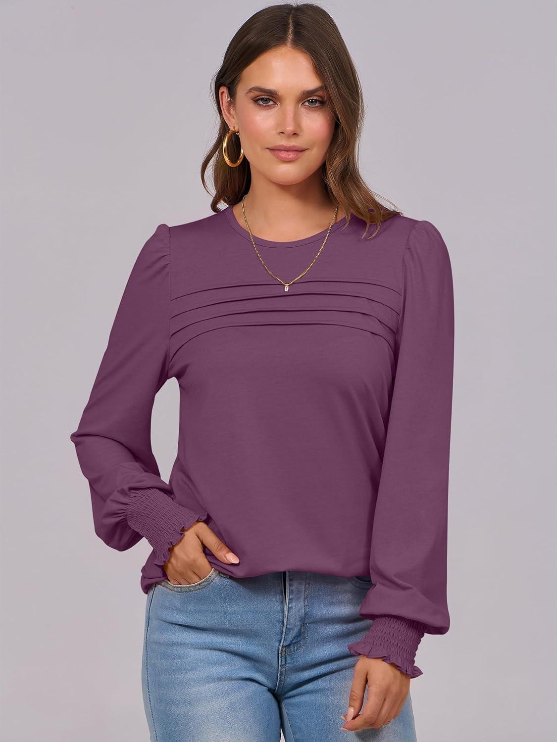 imageANRABESS Long Sleeve Shirts for Women Fall Fashion 2025 Dressy Casual Blouses Trendy Pleated Tunic Tops OutfitsFuchsia