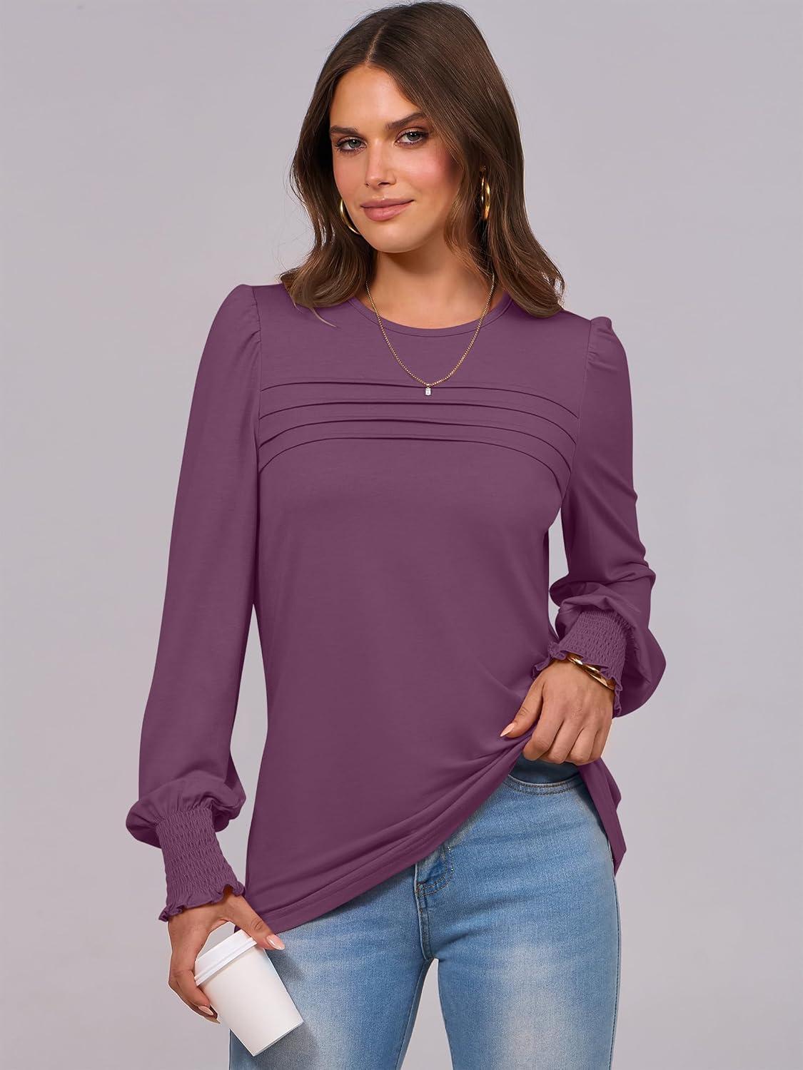 imageANRABESS Long Sleeve Shirts for Women Fall Fashion 2025 Dressy Casual Blouses Trendy Pleated Tunic Tops OutfitsFuchsia