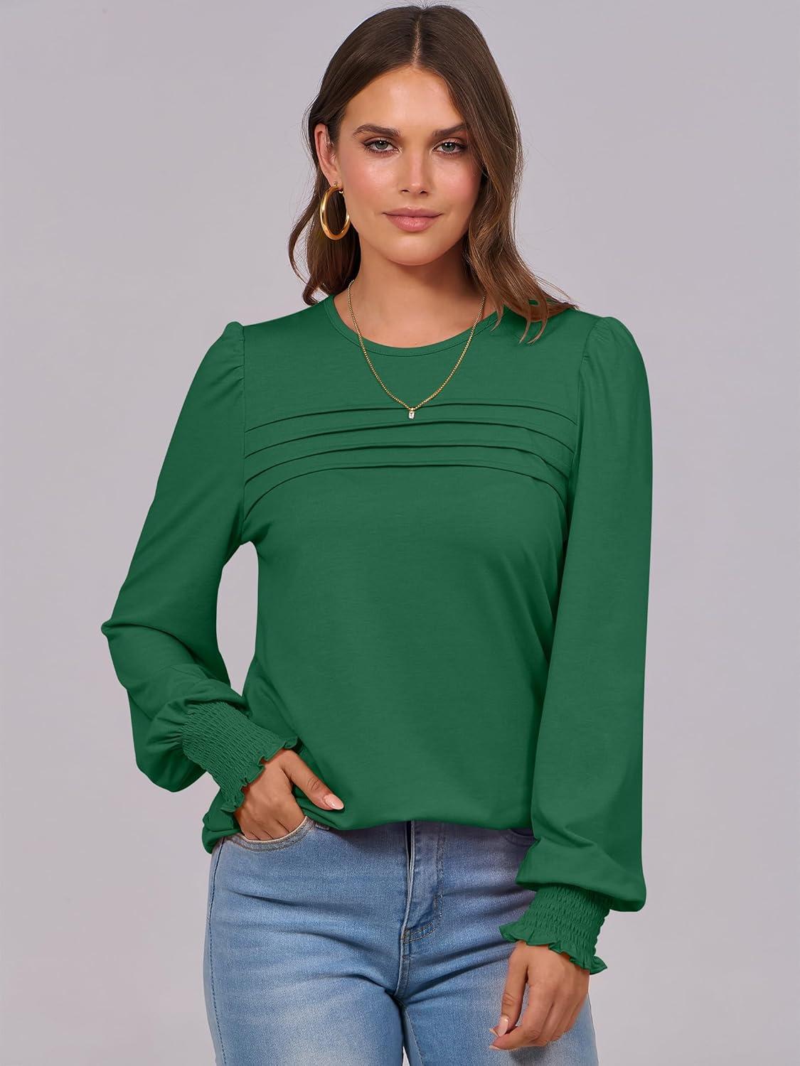 imageANRABESS Long Sleeve Shirts for Women Fall Fashion 2025 Dressy Casual Blouses Trendy Pleated Tunic Tops OutfitsGreen