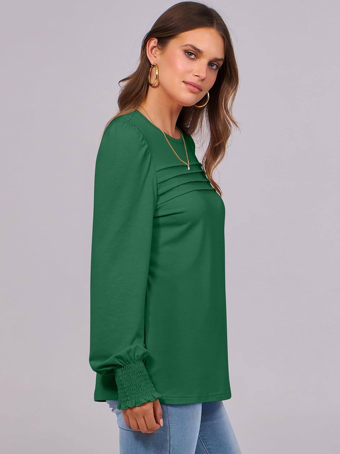 imageANRABESS Long Sleeve Shirts for Women Fall Fashion 2025 Dressy Casual Blouses Trendy Pleated Tunic Tops OutfitsGreen