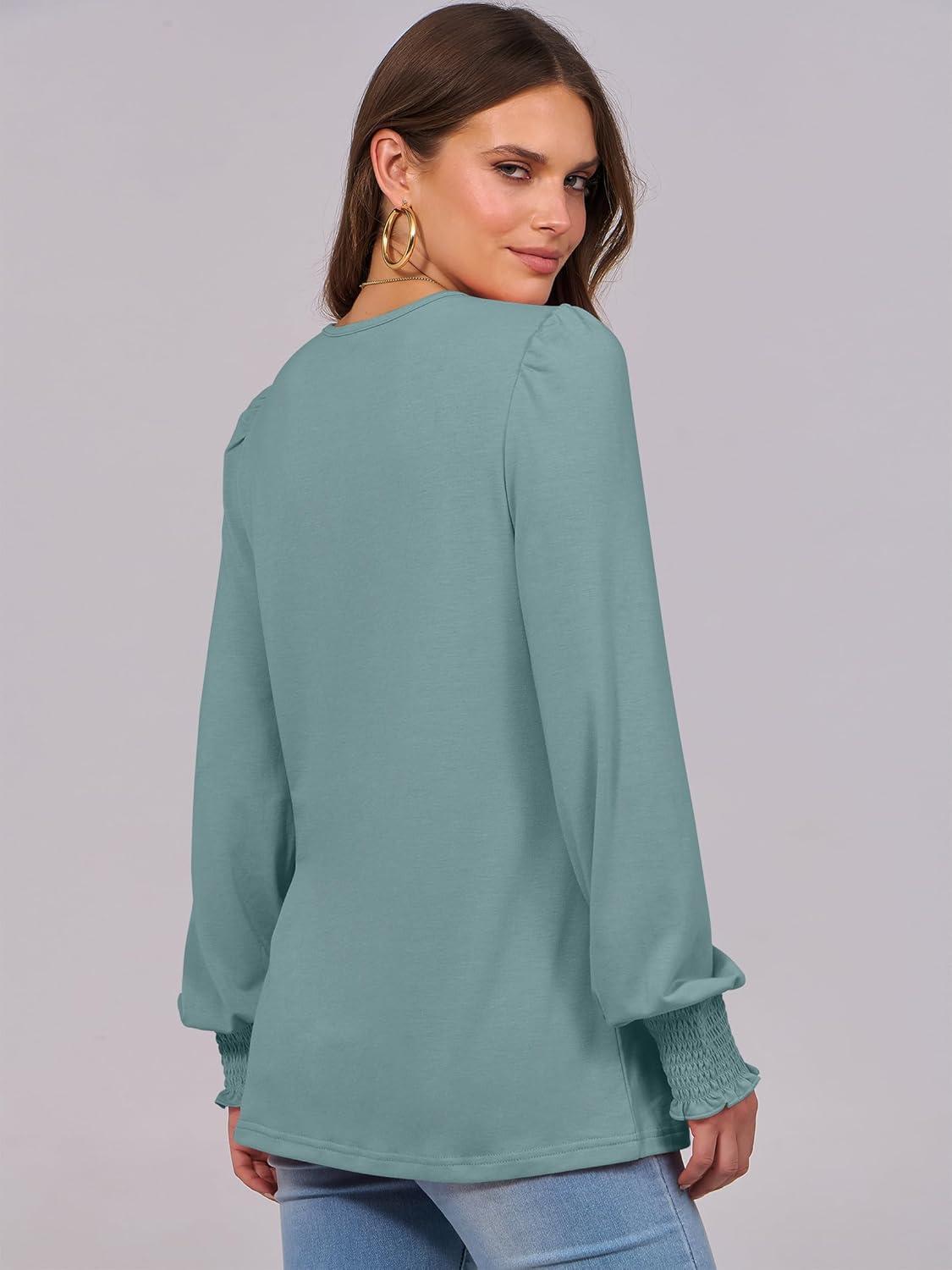 imageANRABESS Long Sleeve Shirts for Women Fall Fashion 2025 Dressy Casual Blouses Trendy Pleated Tunic Tops OutfitsGreen Blue