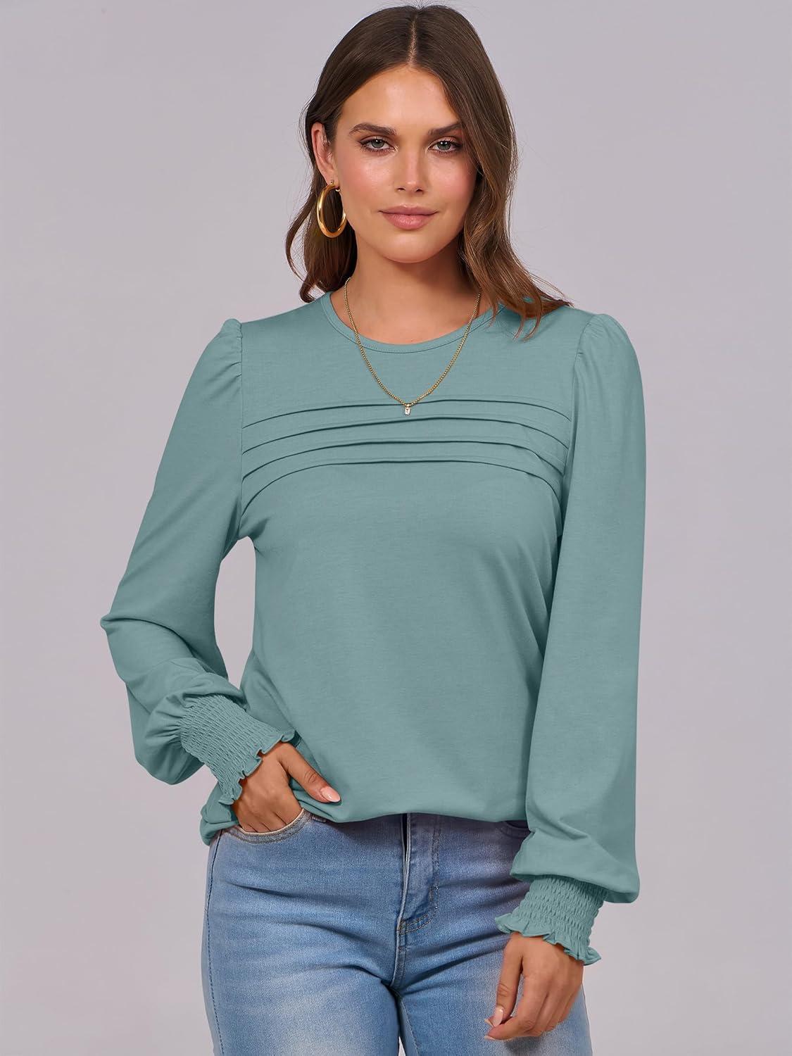 imageANRABESS Long Sleeve Shirts for Women Fall Fashion 2025 Dressy Casual Blouses Trendy Pleated Tunic Tops OutfitsGreen Blue
