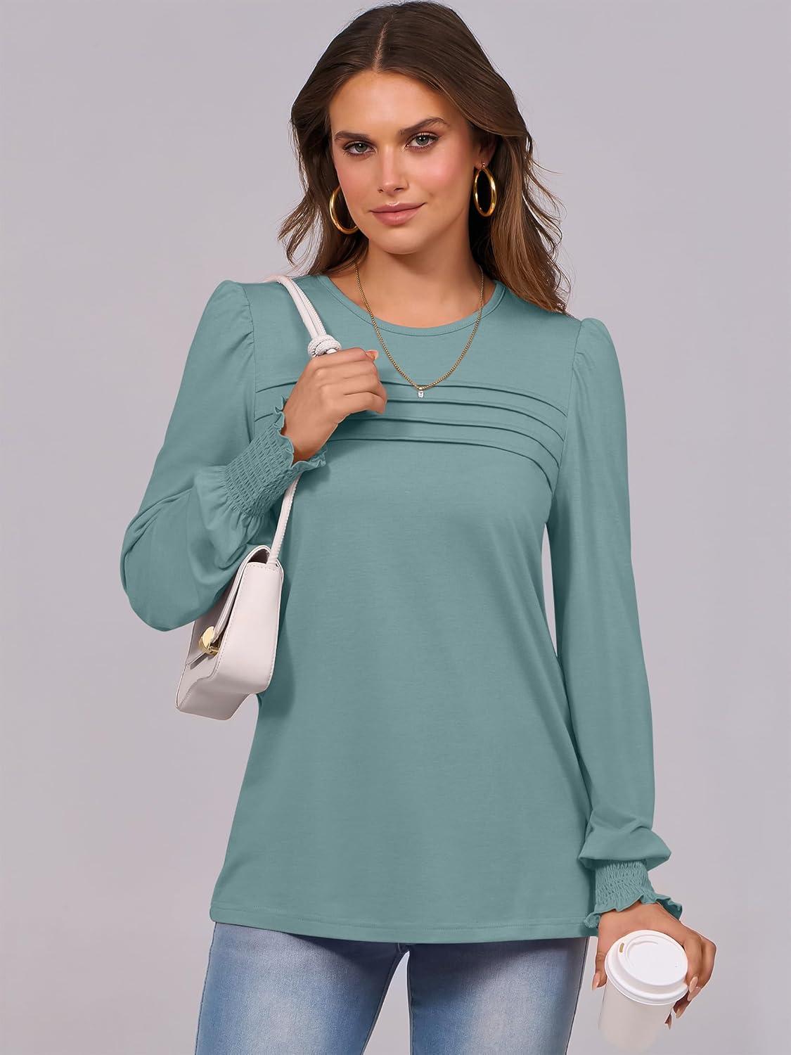 imageANRABESS Long Sleeve Shirts for Women Fall Fashion 2025 Dressy Casual Blouses Trendy Pleated Tunic Tops OutfitsGreen Blue