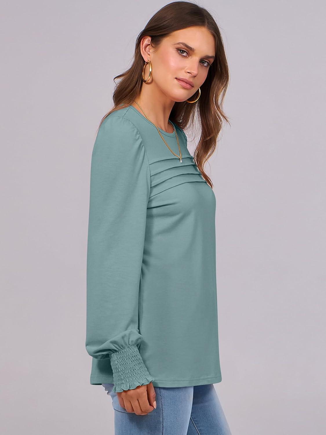 imageANRABESS Long Sleeve Shirts for Women Fall Fashion 2025 Dressy Casual Blouses Trendy Pleated Tunic Tops OutfitsGreen Blue