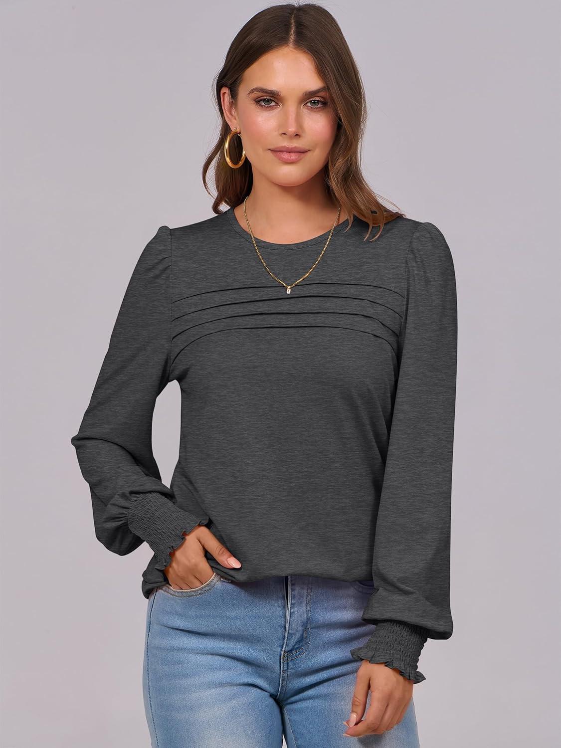 imageANRABESS Long Sleeve Shirts for Women Fall Fashion 2025 Dressy Casual Blouses Trendy Pleated Tunic Tops OutfitsGrey