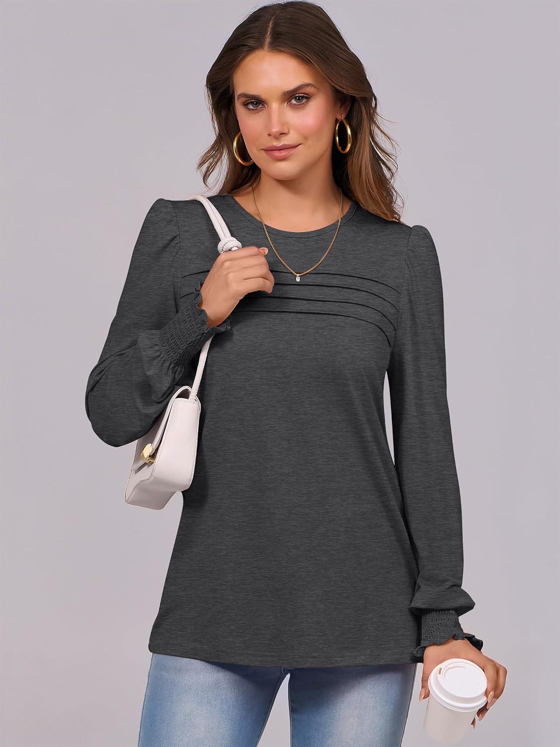 imageANRABESS Long Sleeve Shirts for Women Fall Fashion 2025 Dressy Casual Blouses Trendy Pleated Tunic Tops OutfitsGrey