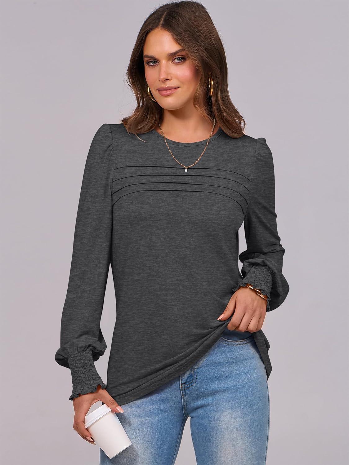 imageANRABESS Long Sleeve Shirts for Women Fall Fashion 2025 Dressy Casual Blouses Trendy Pleated Tunic Tops OutfitsGrey