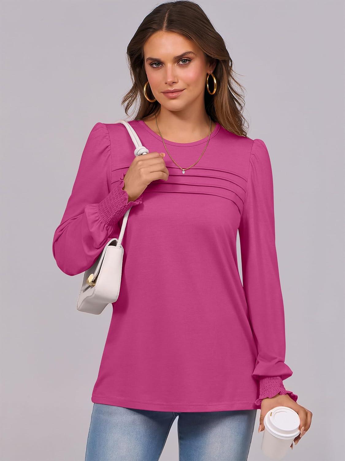 imageANRABESS Long Sleeve Shirts for Women Fall Fashion 2025 Dressy Casual Blouses Trendy Pleated Tunic Tops OutfitsHot Pink
