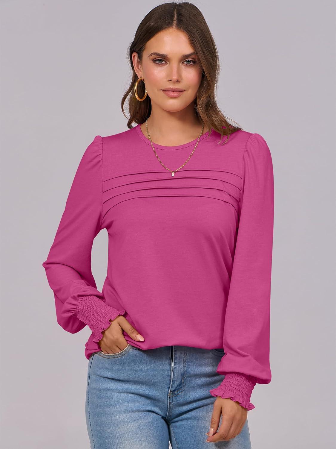imageANRABESS Long Sleeve Shirts for Women Fall Fashion 2025 Dressy Casual Blouses Trendy Pleated Tunic Tops OutfitsHot Pink
