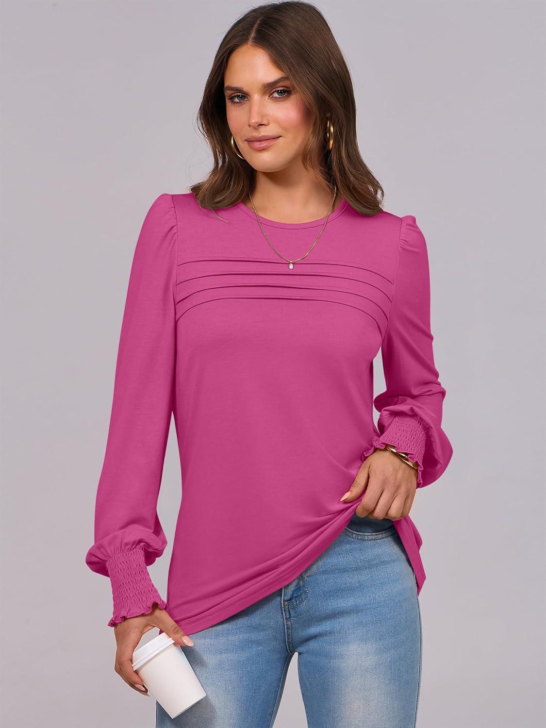 imageANRABESS Long Sleeve Shirts for Women Fall Fashion 2025 Dressy Casual Blouses Trendy Pleated Tunic Tops OutfitsHot Pink