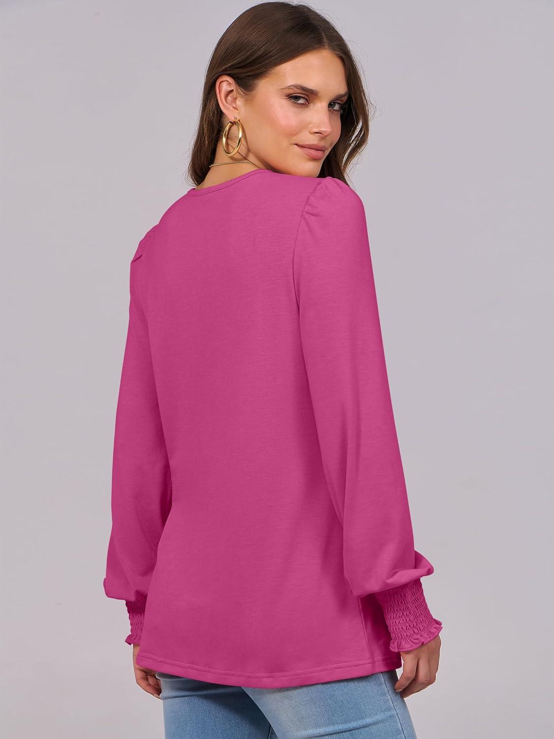 imageANRABESS Long Sleeve Shirts for Women Fall Fashion 2025 Dressy Casual Blouses Trendy Pleated Tunic Tops OutfitsHot Pink