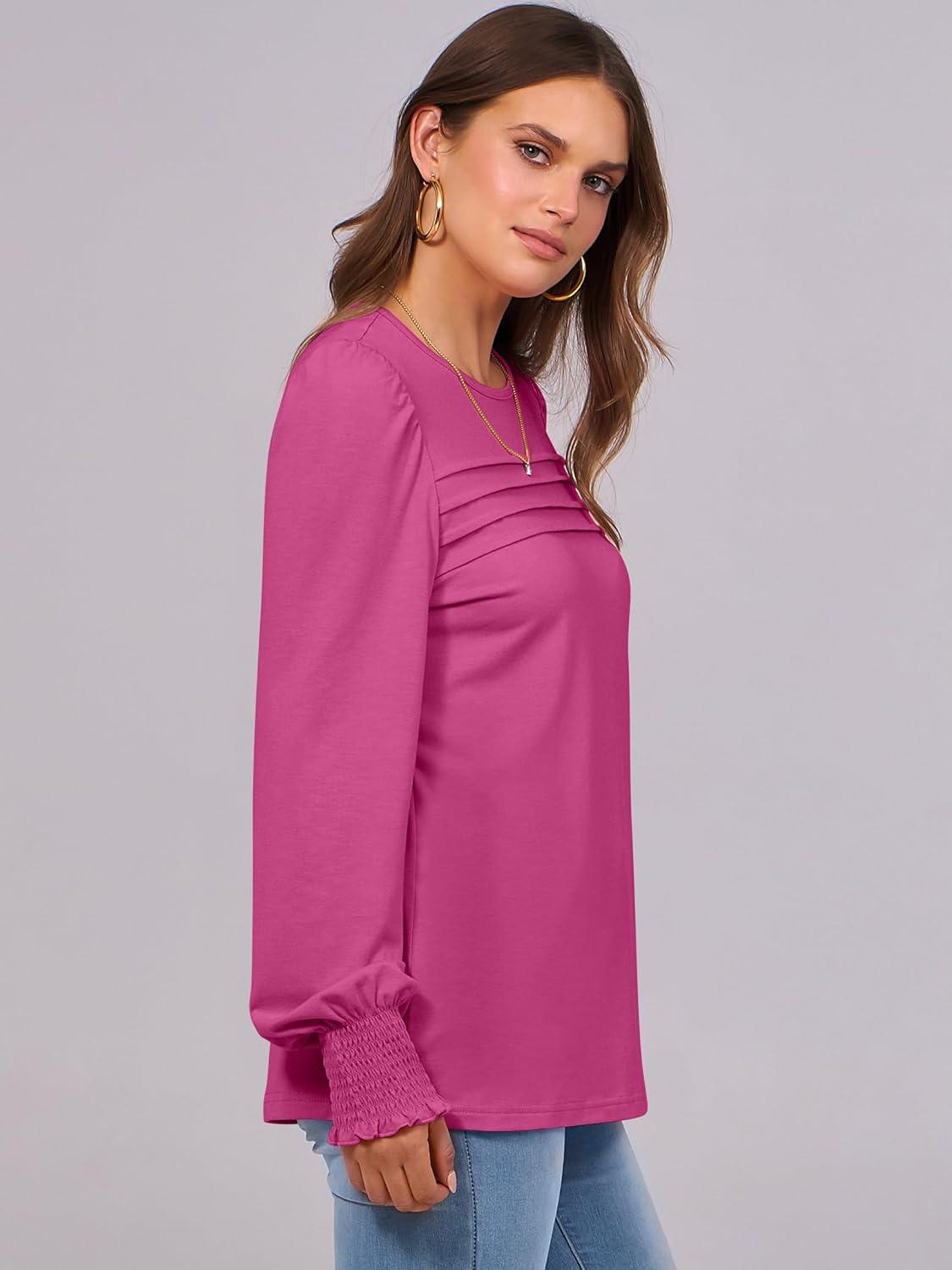 imageANRABESS Long Sleeve Shirts for Women Fall Fashion 2025 Dressy Casual Blouses Trendy Pleated Tunic Tops OutfitsHot Pink
