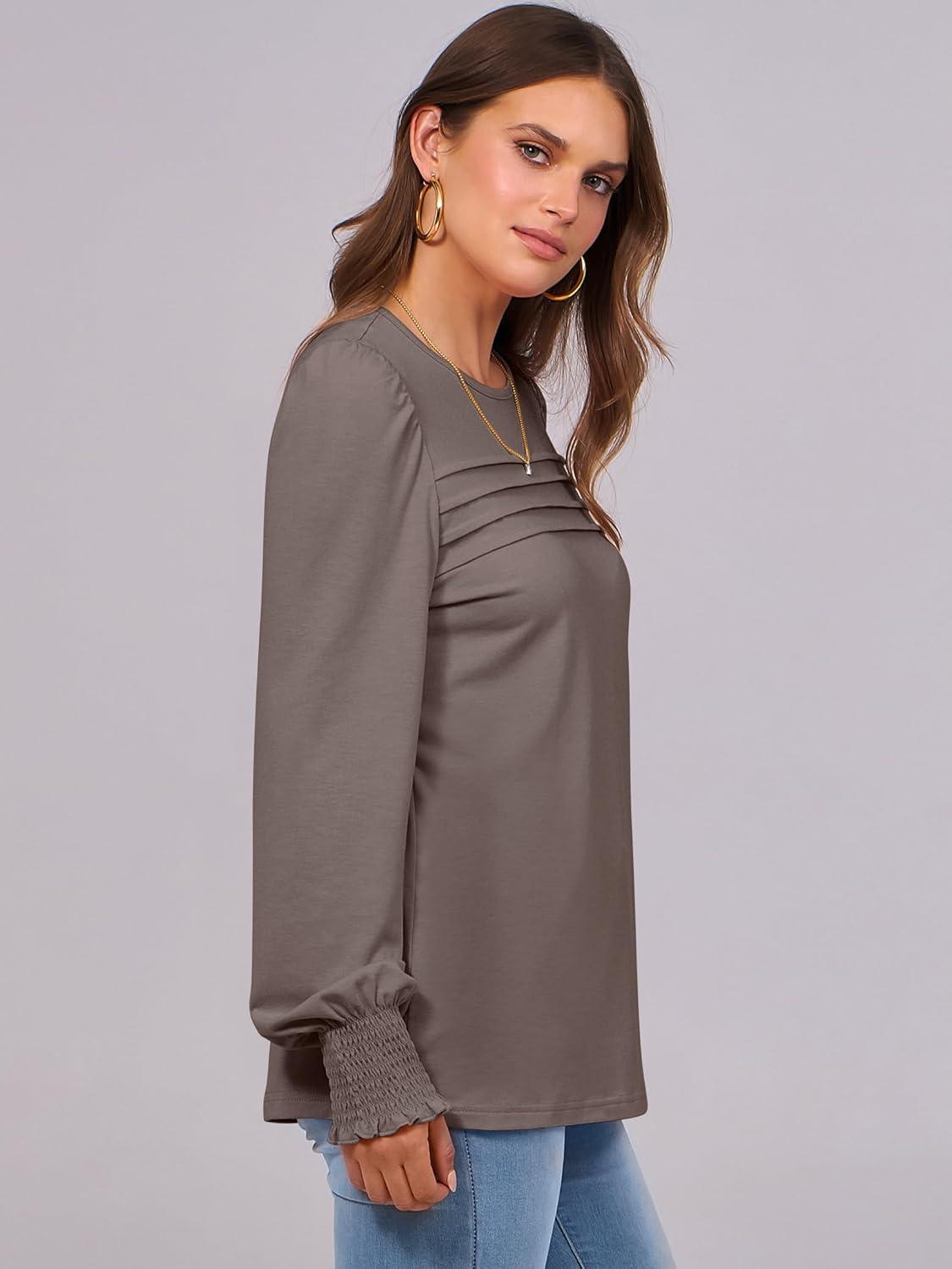 imageANRABESS Long Sleeve Shirts for Women Fall Fashion 2025 Dressy Casual Blouses Trendy Pleated Tunic Tops OutfitsKhaki