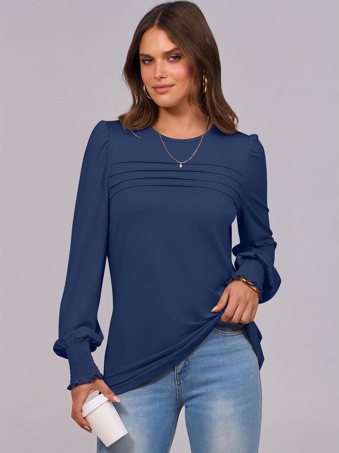 imageANRABESS Long Sleeve Shirts for Women Fall Fashion 2025 Dressy Casual Blouses Trendy Pleated Tunic Tops OutfitsNavy Blue