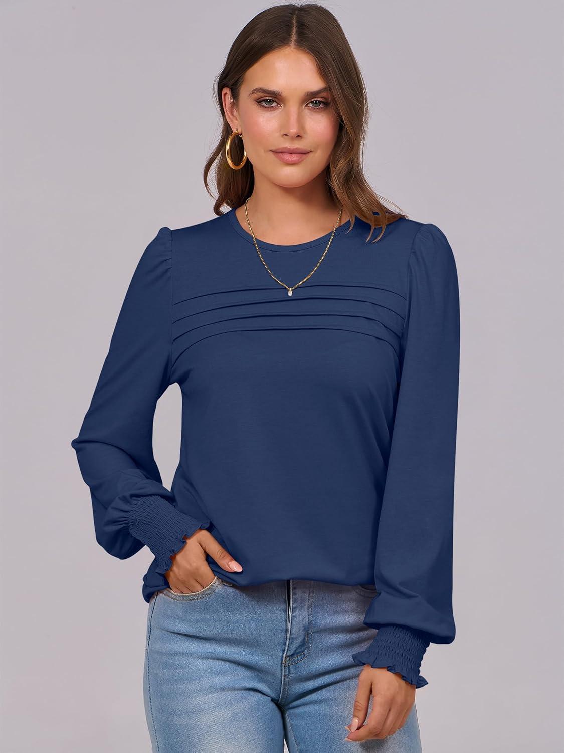 imageANRABESS Long Sleeve Shirts for Women Fall Fashion 2025 Dressy Casual Blouses Trendy Pleated Tunic Tops OutfitsNavy Blue