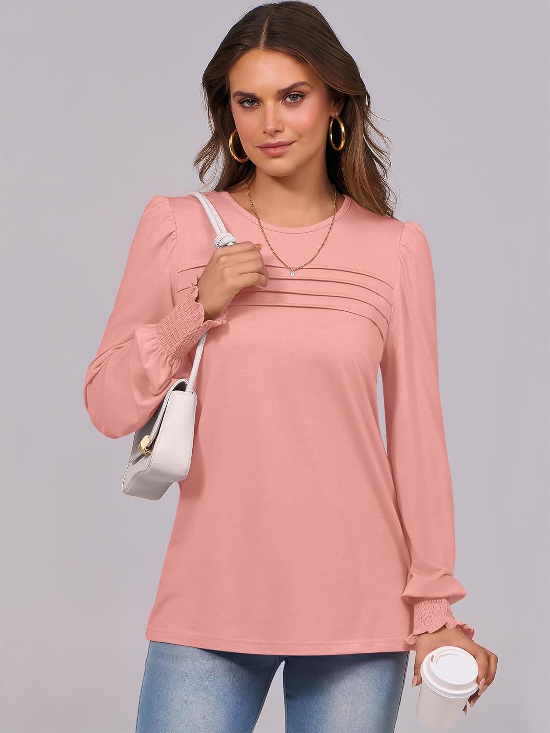 imageANRABESS Long Sleeve Shirts for Women Fall Fashion 2025 Dressy Casual Blouses Trendy Pleated Tunic Tops OutfitsPink