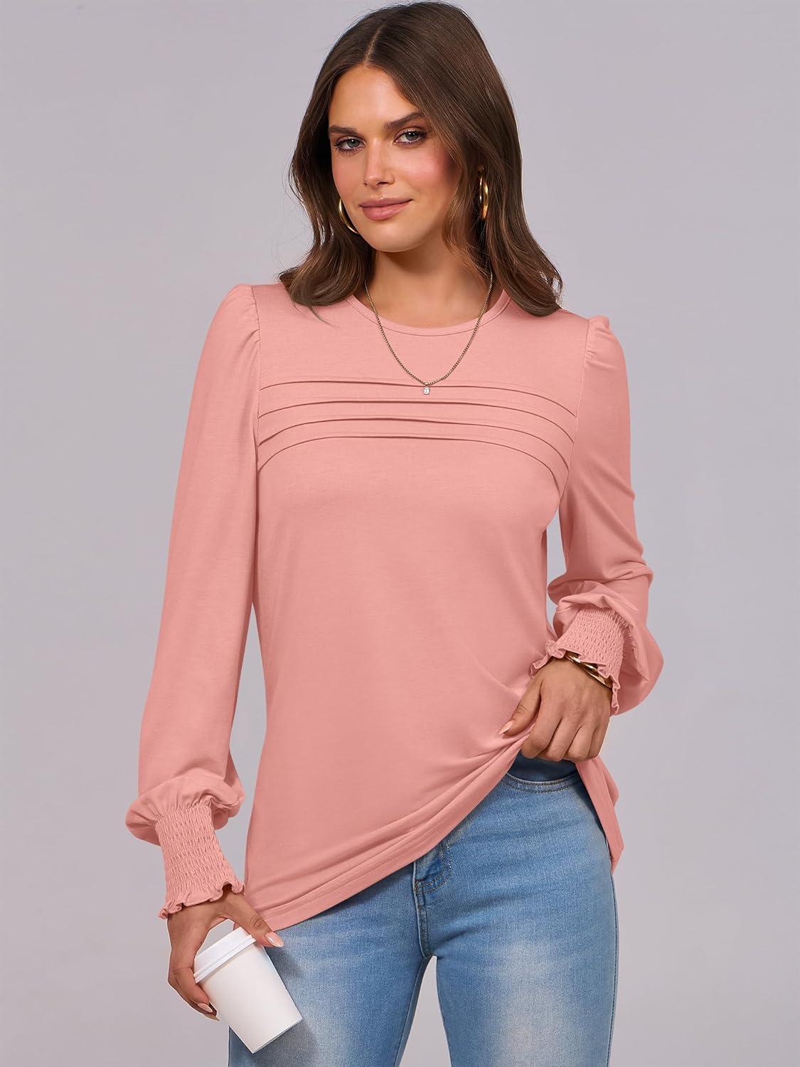 imageANRABESS Long Sleeve Shirts for Women Fall Fashion 2025 Dressy Casual Blouses Trendy Pleated Tunic Tops OutfitsPink