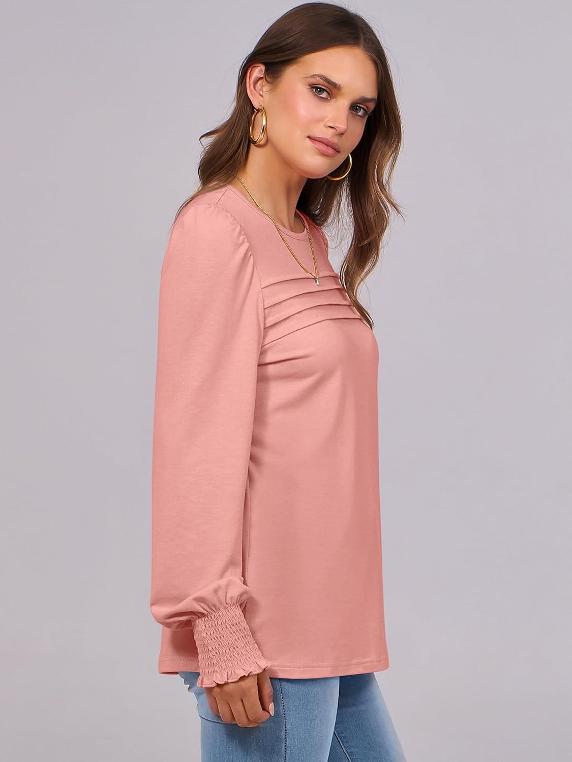 imageANRABESS Long Sleeve Shirts for Women Fall Fashion 2025 Dressy Casual Blouses Trendy Pleated Tunic Tops OutfitsPink