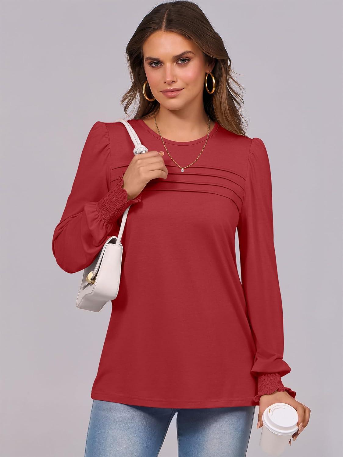 imageANRABESS Long Sleeve Shirts for Women Fall Fashion 2025 Dressy Casual Blouses Trendy Pleated Tunic Tops OutfitsRed
