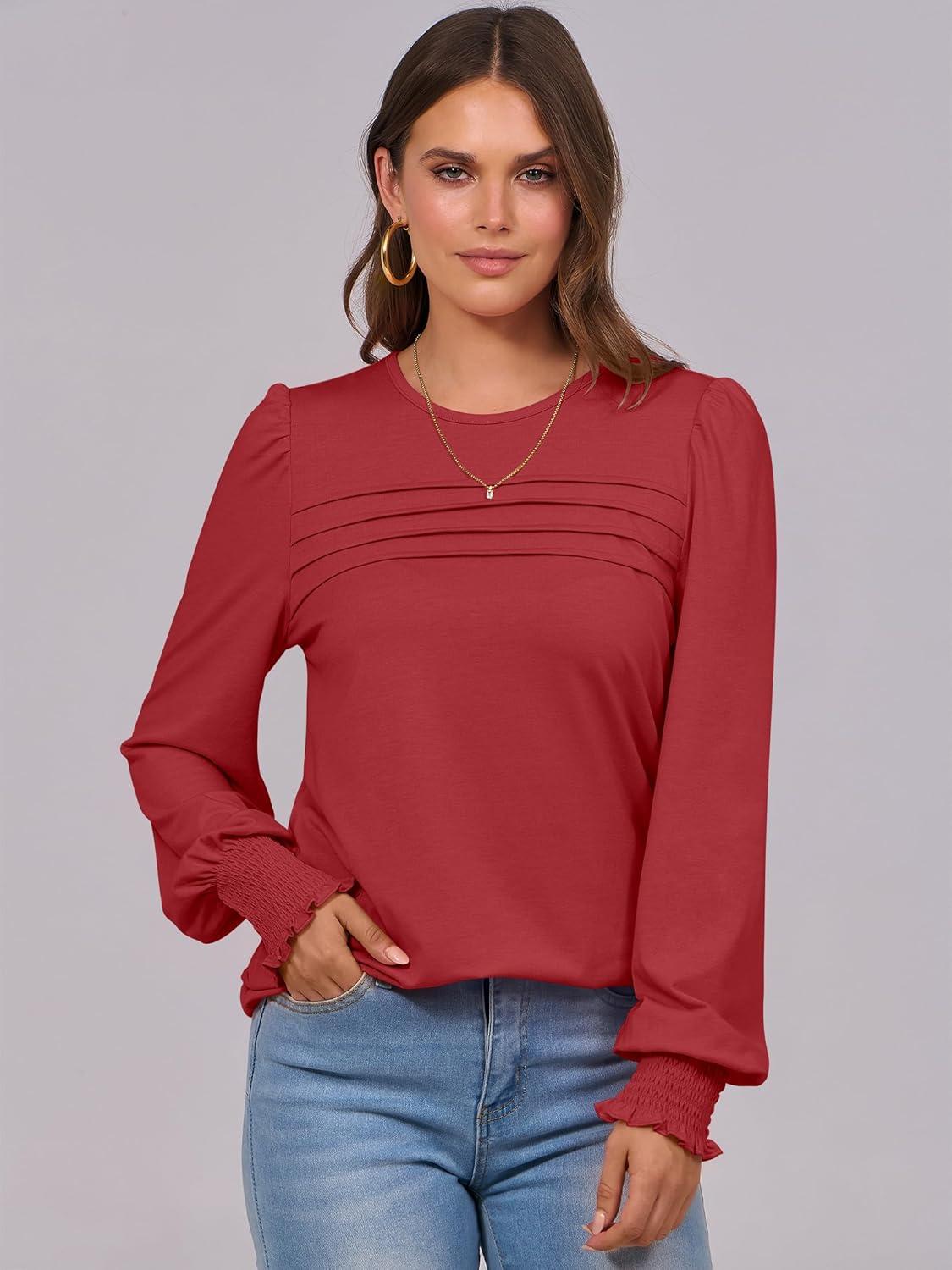 imageANRABESS Long Sleeve Shirts for Women Fall Fashion 2025 Dressy Casual Blouses Trendy Pleated Tunic Tops OutfitsRed