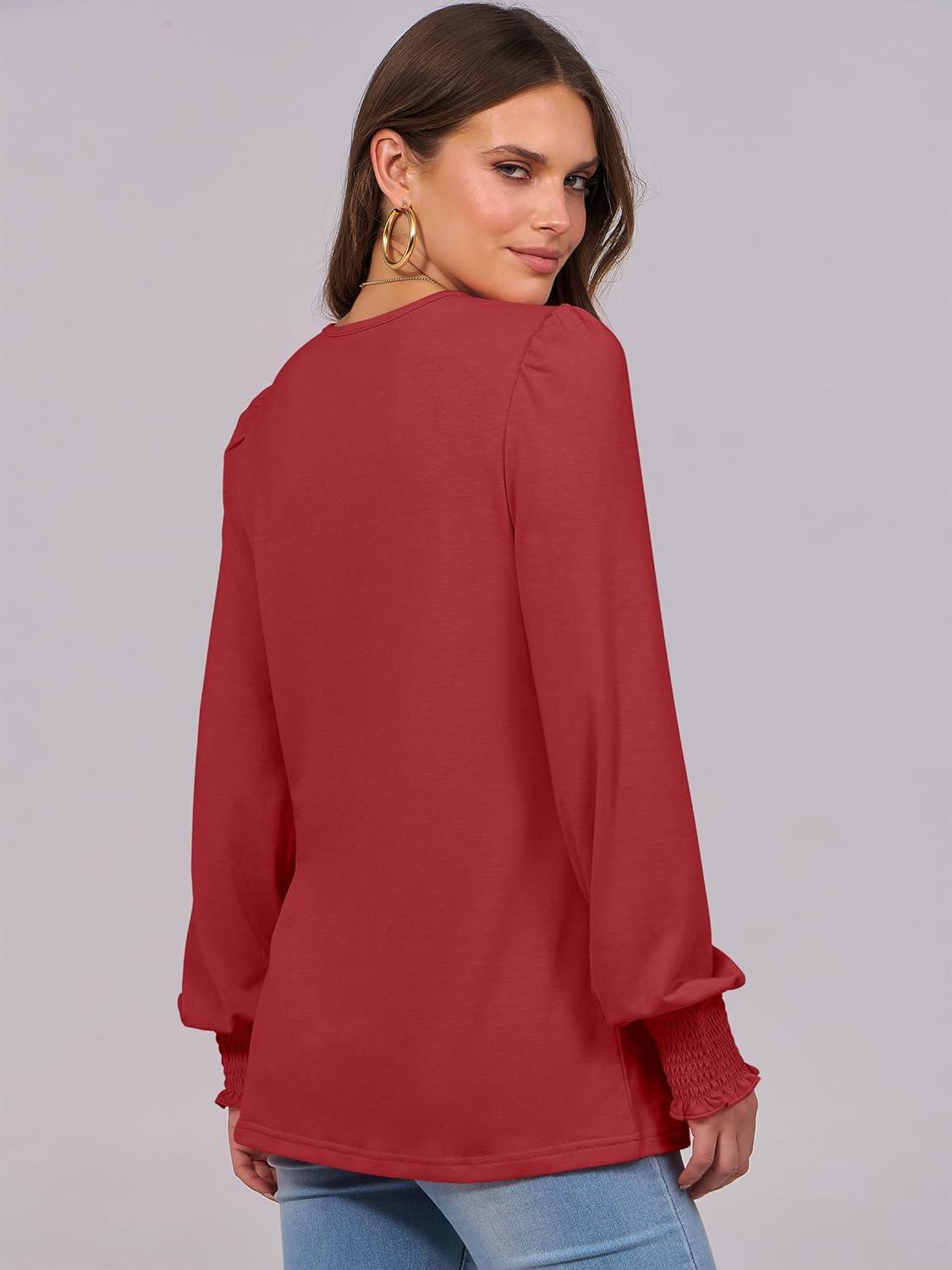 imageANRABESS Long Sleeve Shirts for Women Fall Fashion 2025 Dressy Casual Blouses Trendy Pleated Tunic Tops OutfitsRed