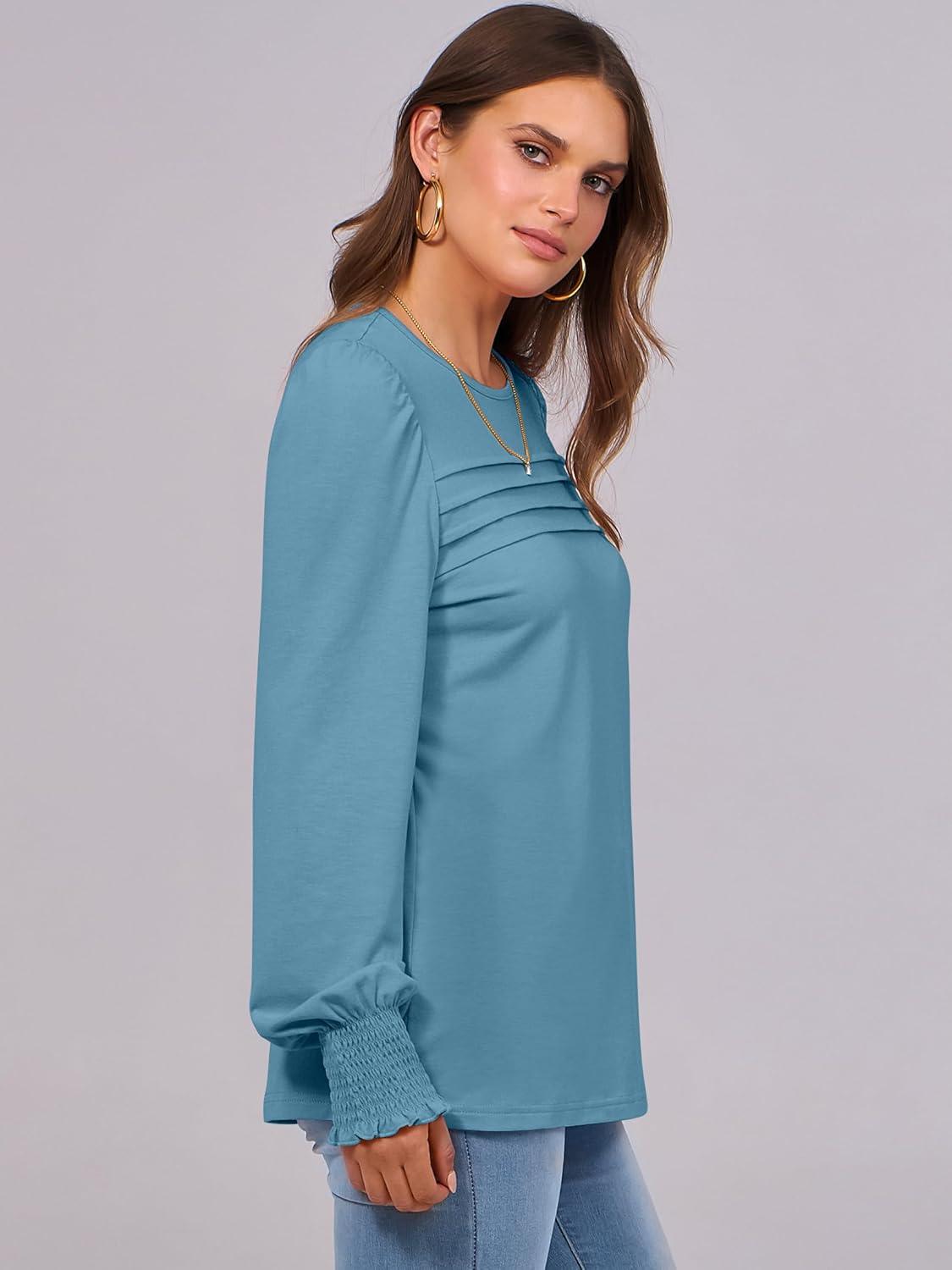 imageANRABESS Long Sleeve Shirts for Women Fall Fashion 2025 Dressy Casual Blouses Trendy Pleated Tunic Tops OutfitsTeal