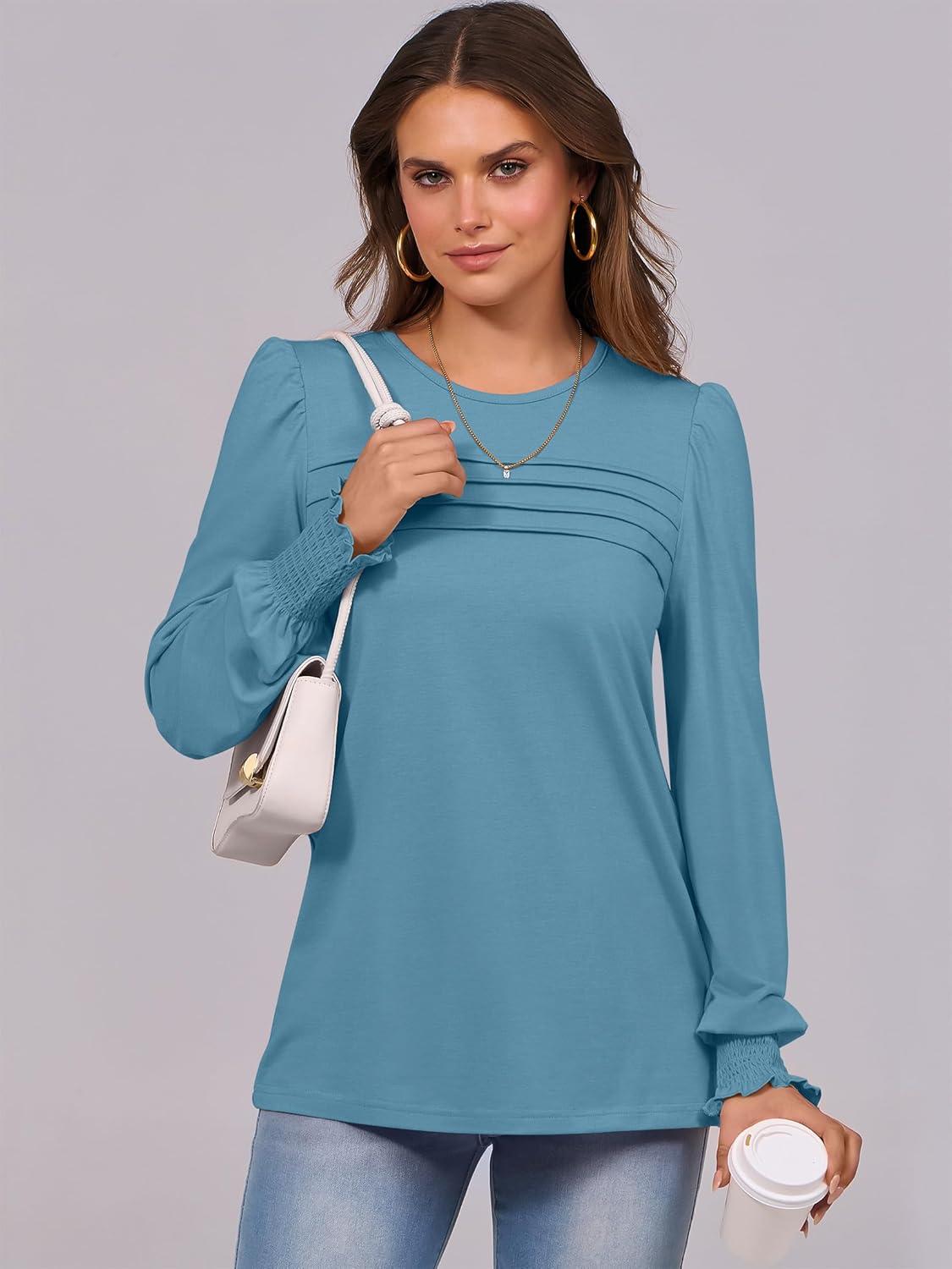 imageANRABESS Long Sleeve Shirts for Women Fall Fashion 2025 Dressy Casual Blouses Trendy Pleated Tunic Tops OutfitsTeal