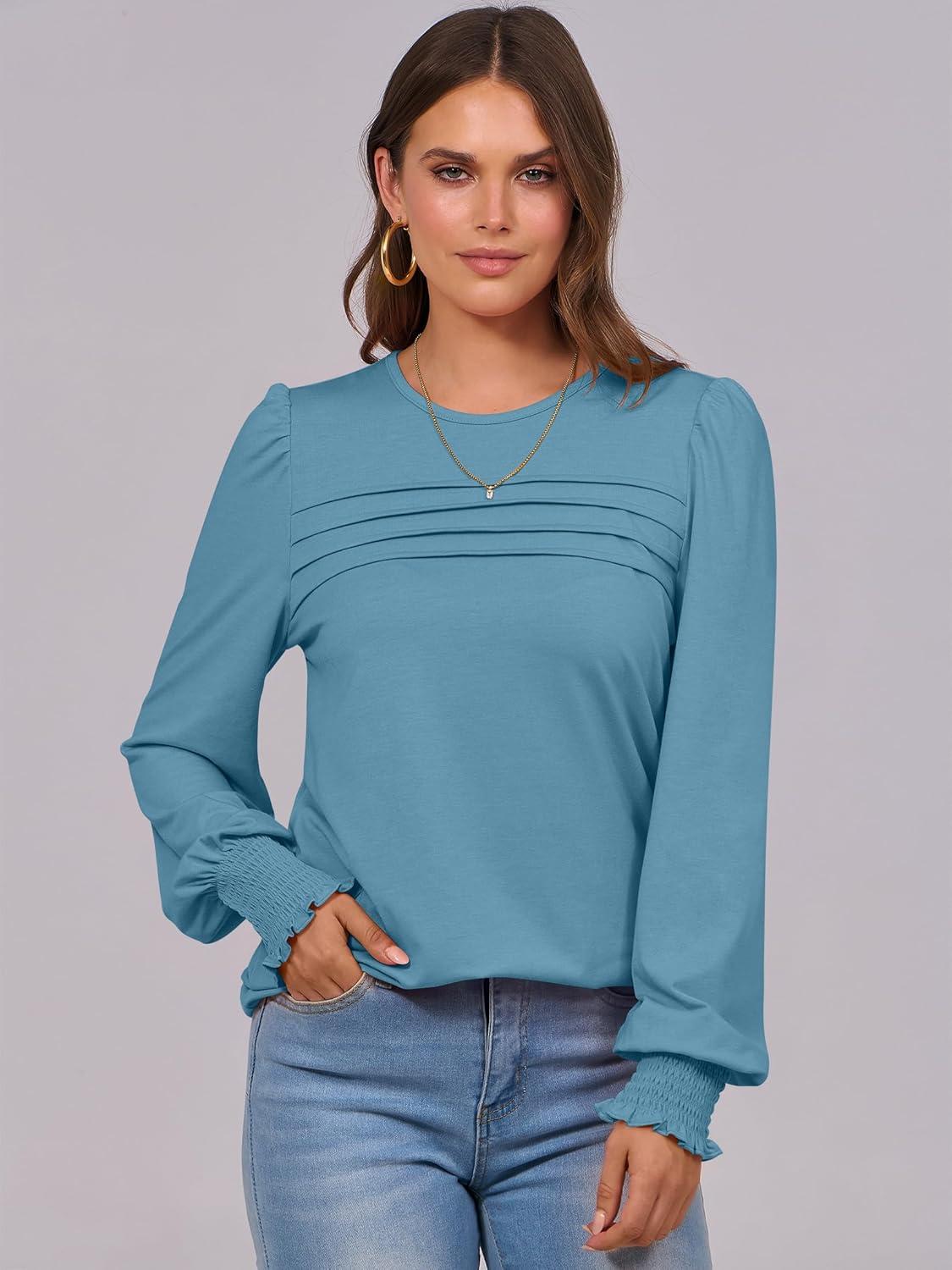 imageANRABESS Long Sleeve Shirts for Women Fall Fashion 2025 Dressy Casual Blouses Trendy Pleated Tunic Tops OutfitsTeal