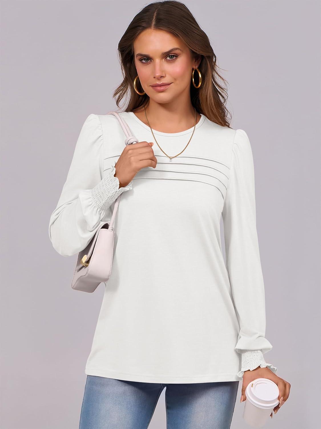 imageANRABESS Long Sleeve Shirts for Women Fall Fashion 2025 Dressy Casual Blouses Trendy Pleated Tunic Tops OutfitsWhite