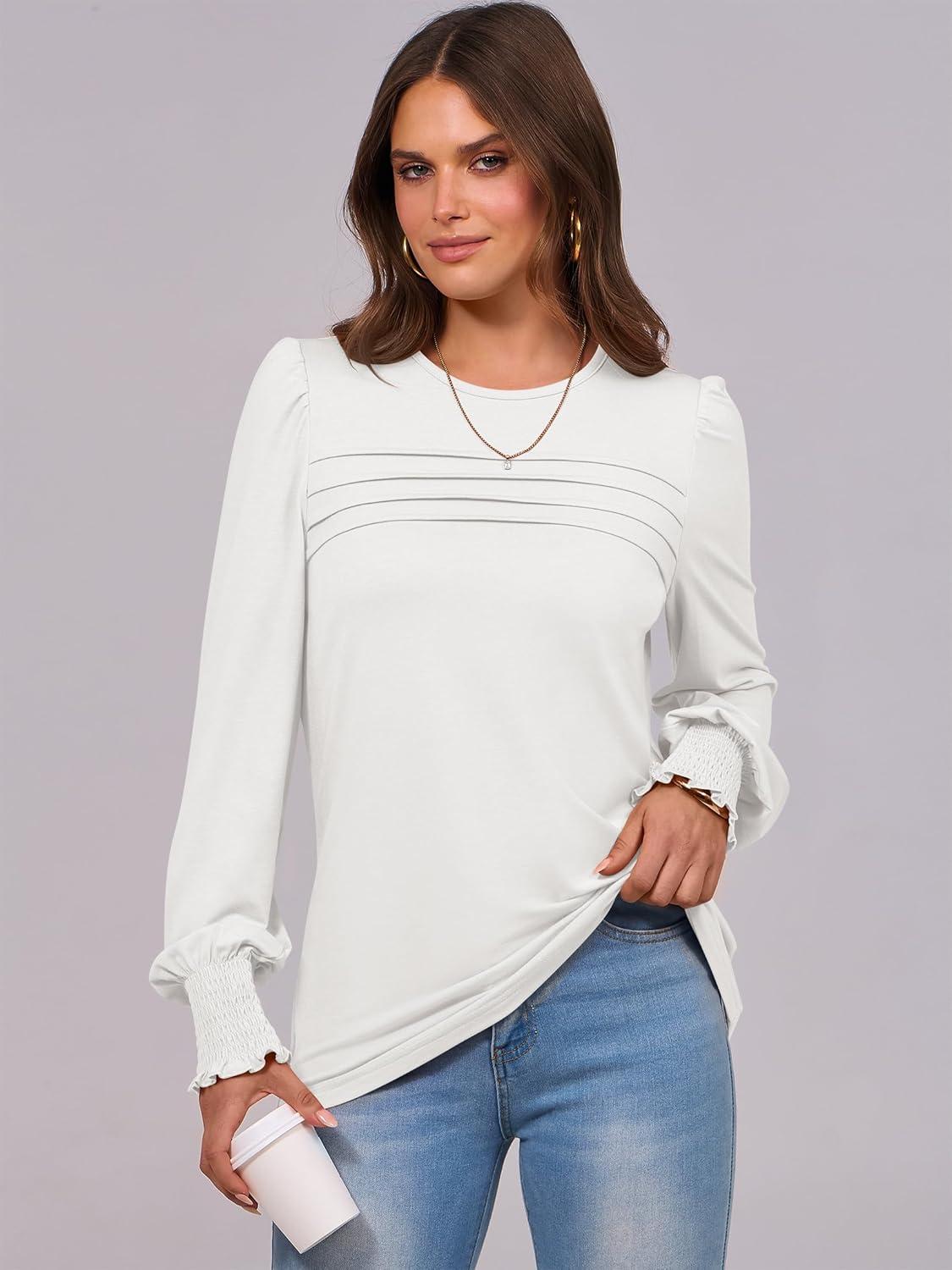 imageANRABESS Long Sleeve Shirts for Women Fall Fashion 2025 Dressy Casual Blouses Trendy Pleated Tunic Tops OutfitsWhite