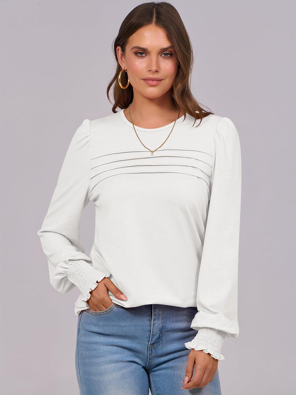 imageANRABESS Long Sleeve Shirts for Women Fall Fashion 2025 Dressy Casual Blouses Trendy Pleated Tunic Tops OutfitsWhite